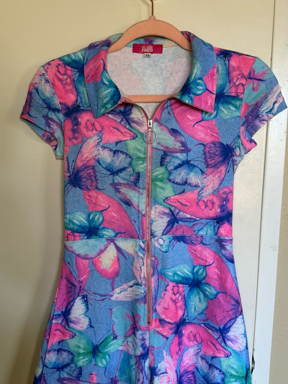 Elsie & Fred Butterfly Zip-Front Romper/Swimsuit Coverup in Pink & Blue